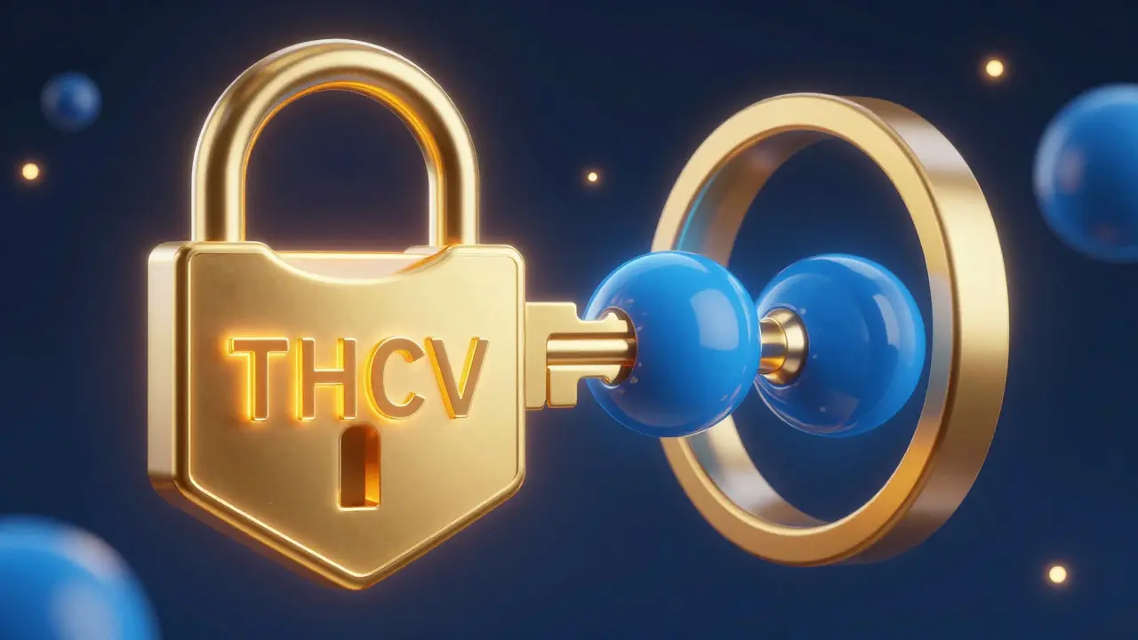 Konceptuální 3D vizualizace molekuly THCV blokující receptor CB1 v mozku.