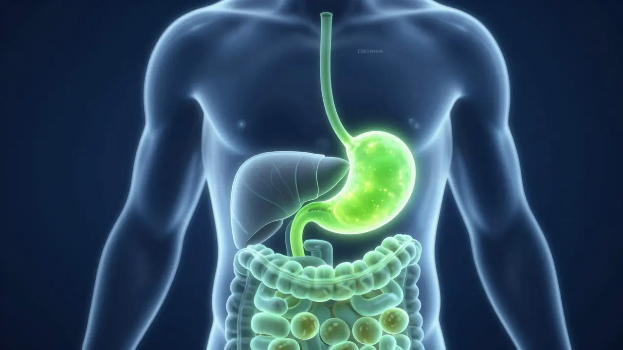 Konceptuální ilustrace cesty CBD z žaludku přes játra do krevního oběhu.