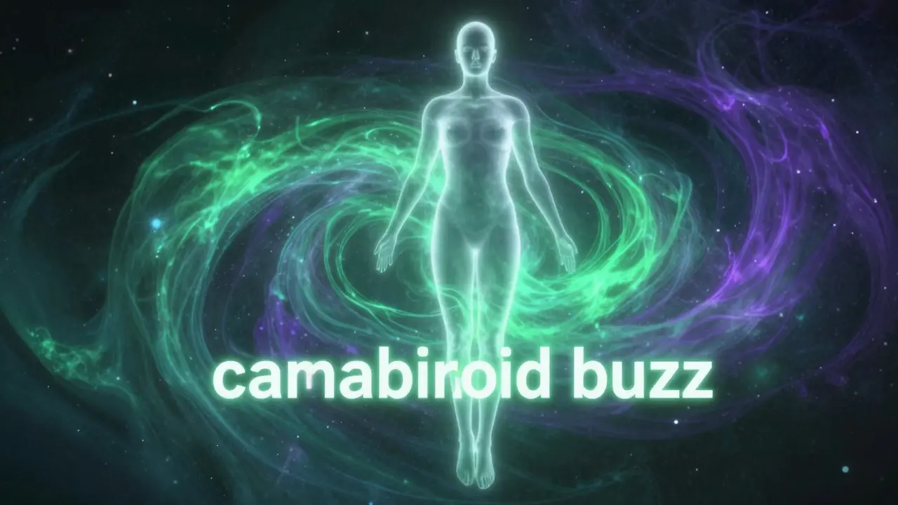 Konceptuální ilustrace pocitu euforie a vznášení při působení kanabinoidů.