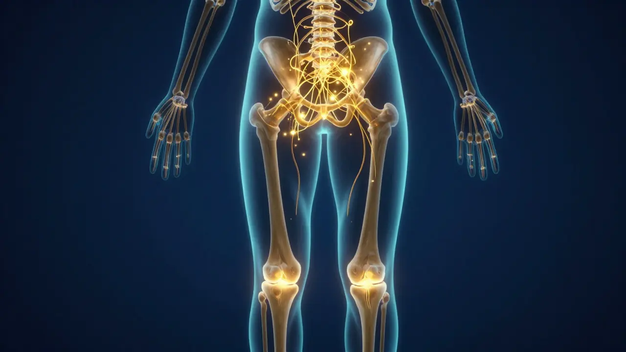 Konceptuální ilustrace působení CBD na receptory v kloubech a zádech.