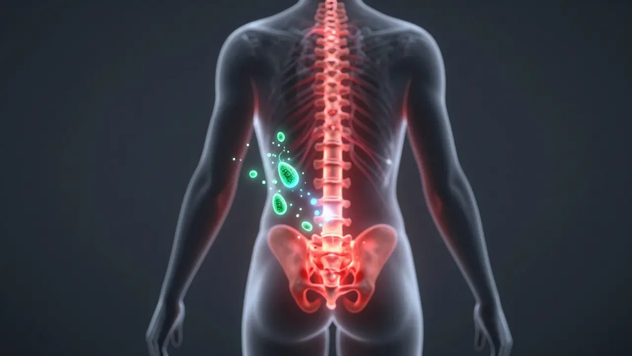 Konceptuální ilustrace působení CBD na zánět v oblasti bederní páteře