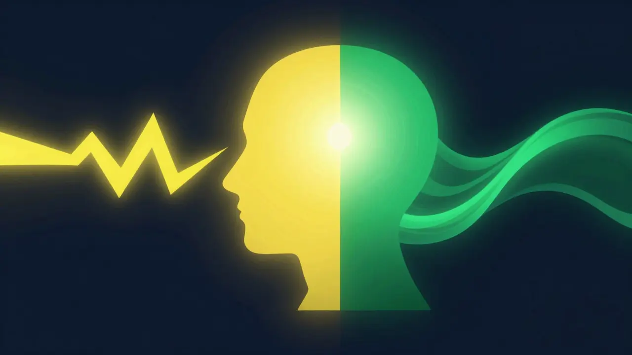 Konceptuální ilustrace rovnováhy mezi stimulací kofeinem a uklidněním CBD v lidské mysli.