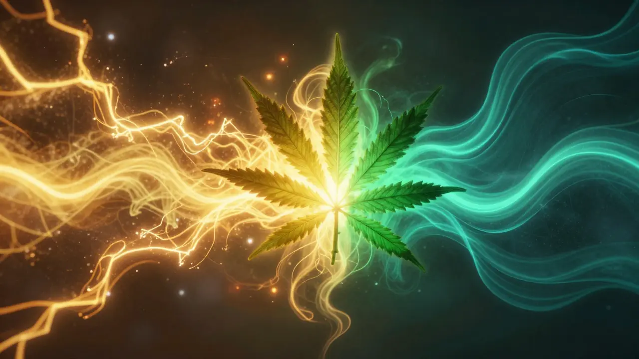 Konceptuální obraz kombinující energizující žluté blesky a uklidňující zelené vlnění.