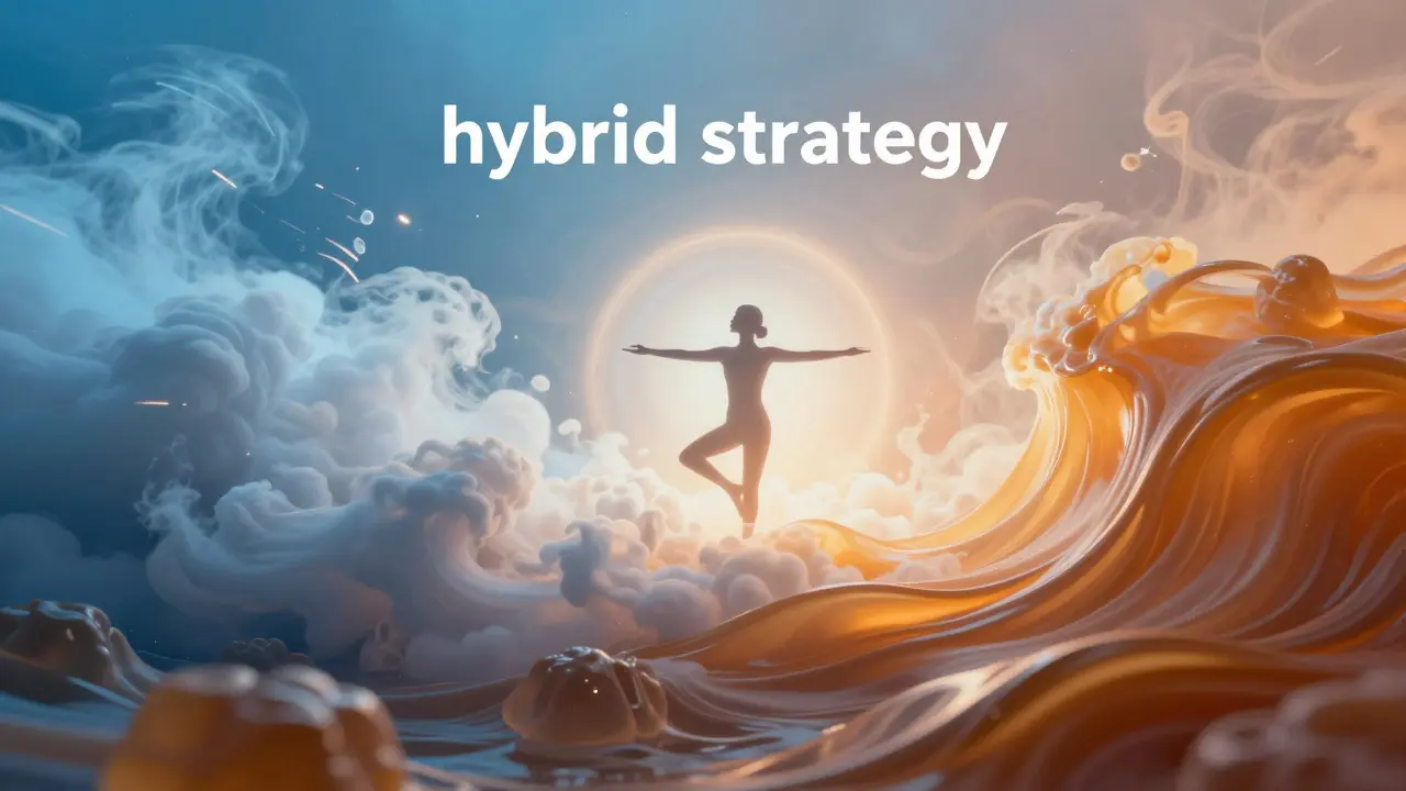 Konceptuální obraz kombinující rychlé a pomalé účinky CBD pro dosažení rovnováhy.