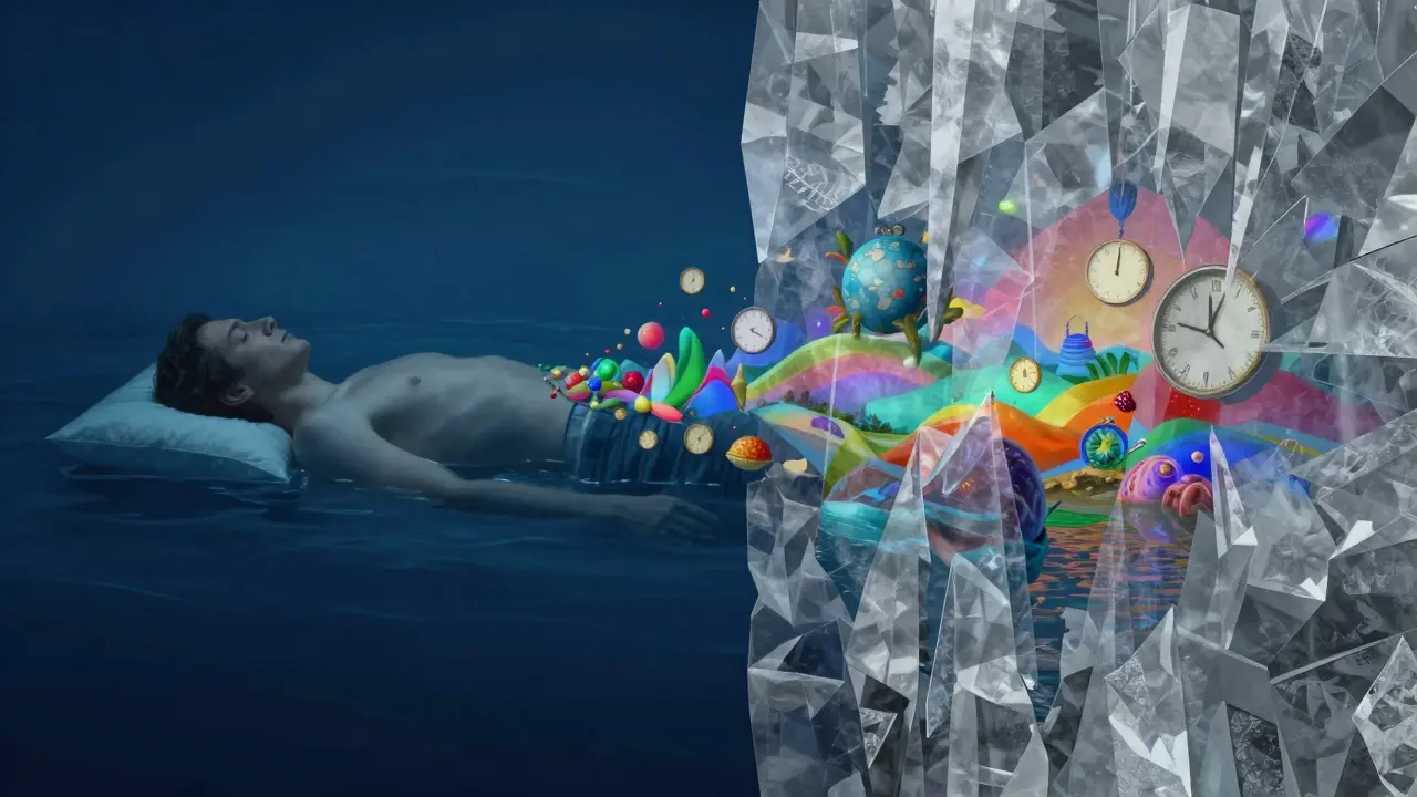 Konceptuální obraz znázornující potlačení REM fáze spánku krystalovou zdí.