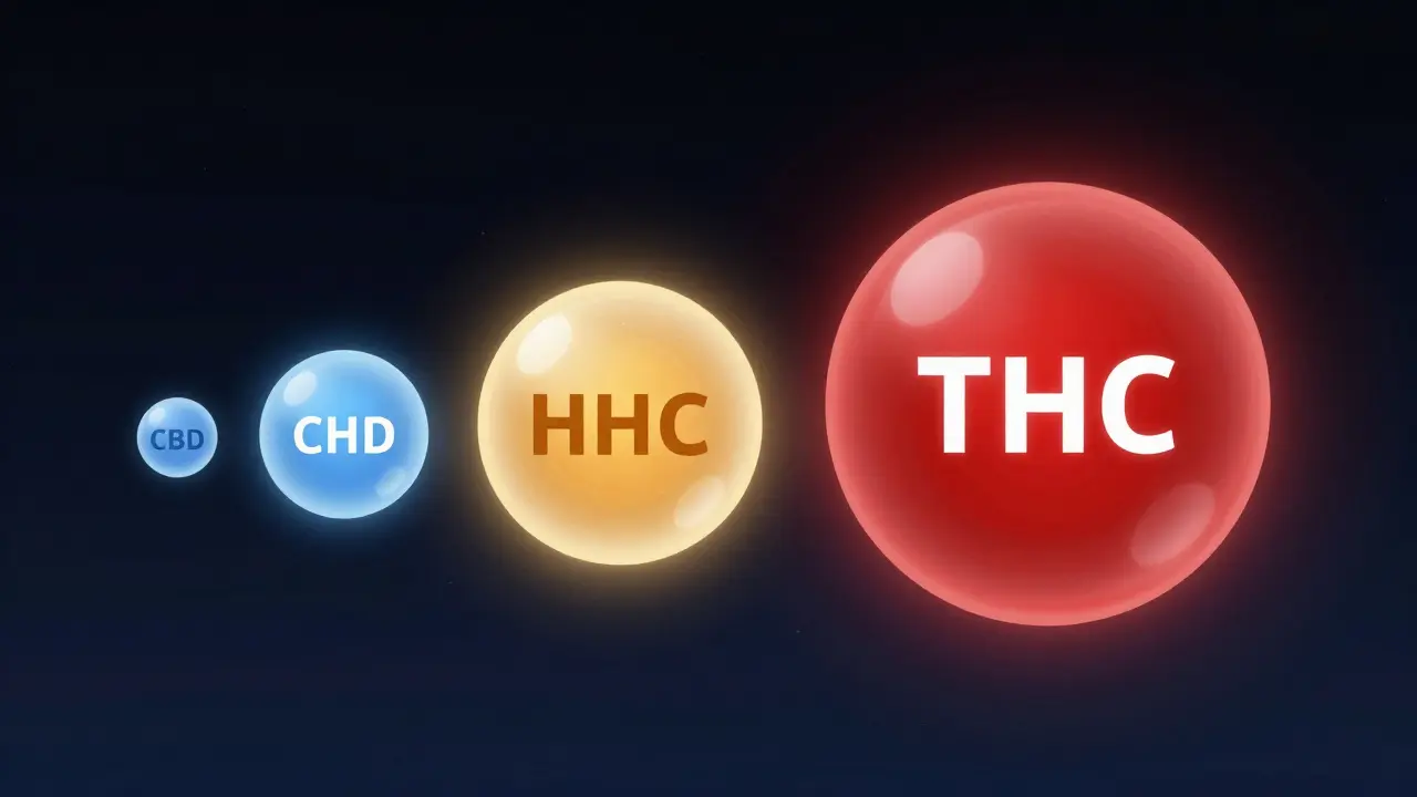 Konceptuální srovnání intenzity CBD, HHC a THC pomocí barevných koulí.