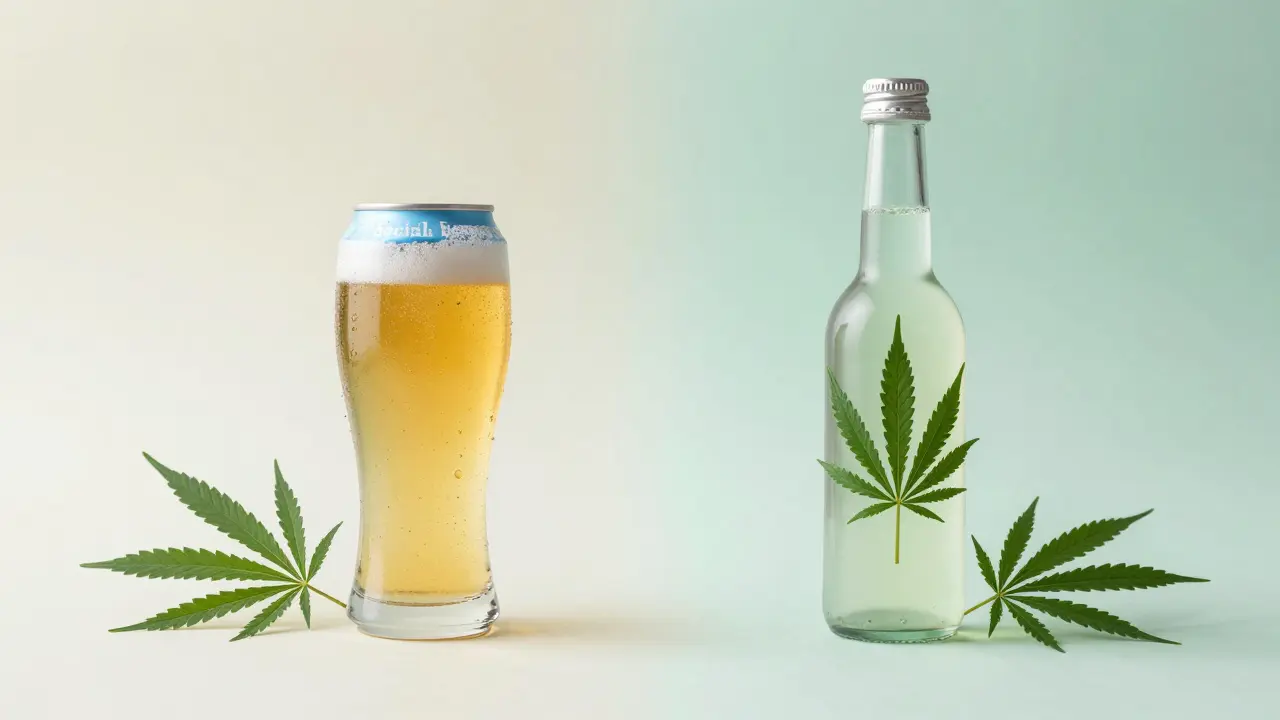 Konceptuální srovnání plechového piva a botanického konopného nápoje.