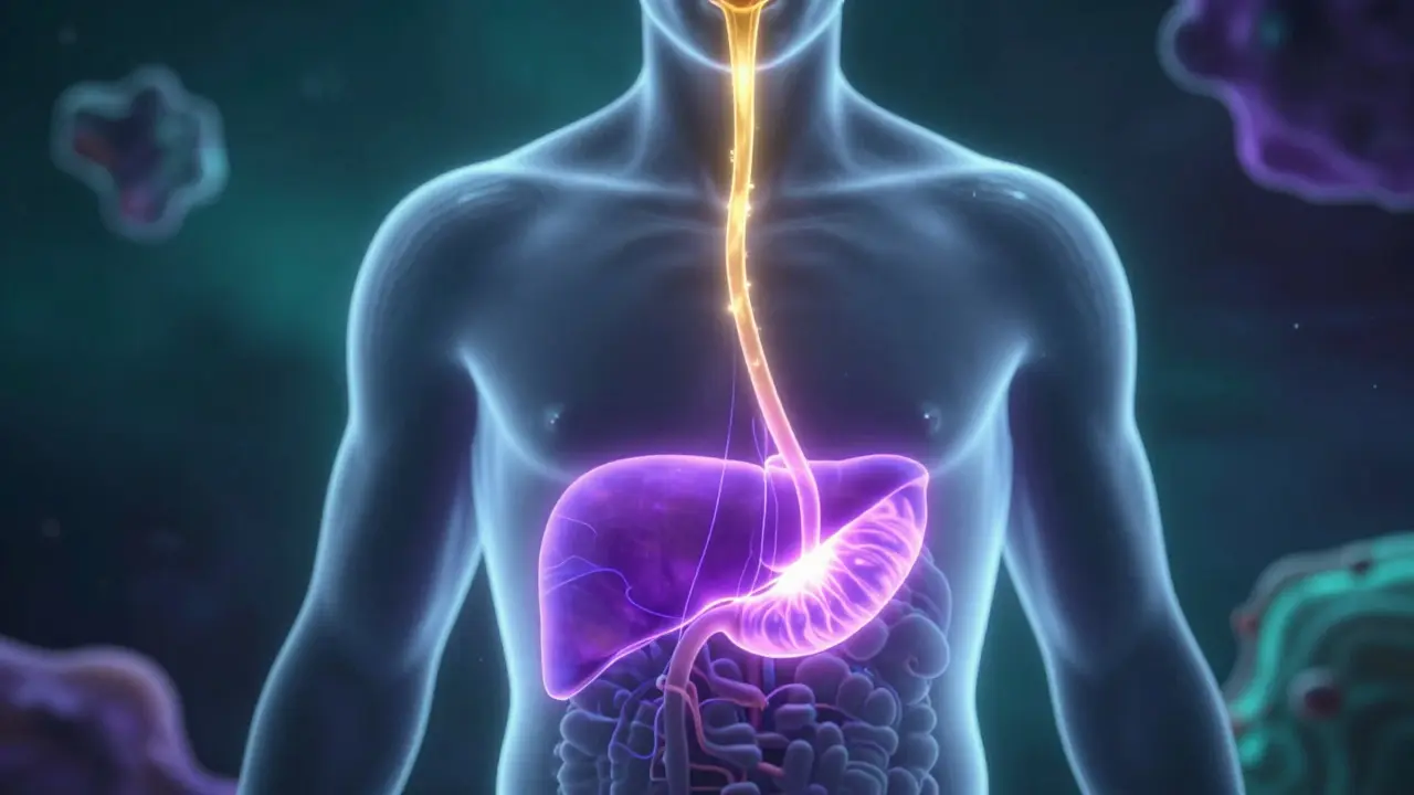 Konceptuální znázornění cesty kanabinoidů přes krevní oběh a játra v těle.