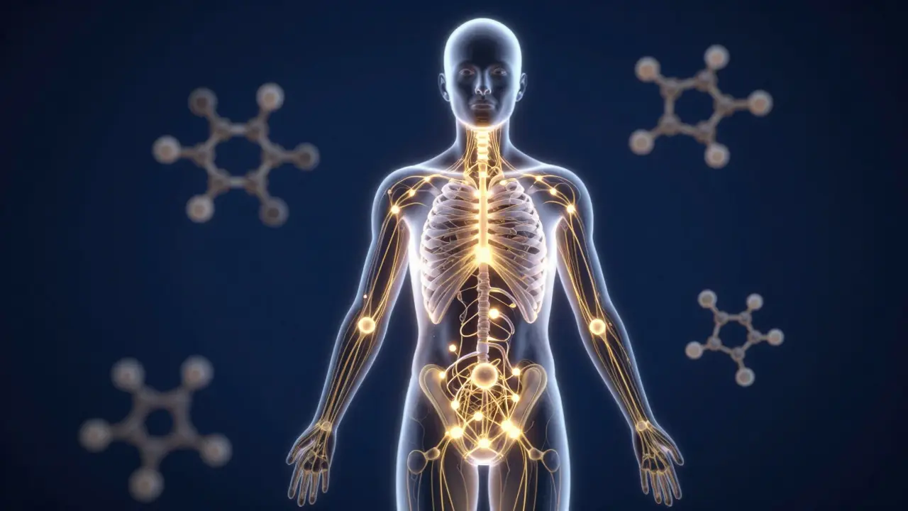 Konceptuální znázornění endokannabinoidního systému v lidském těle.