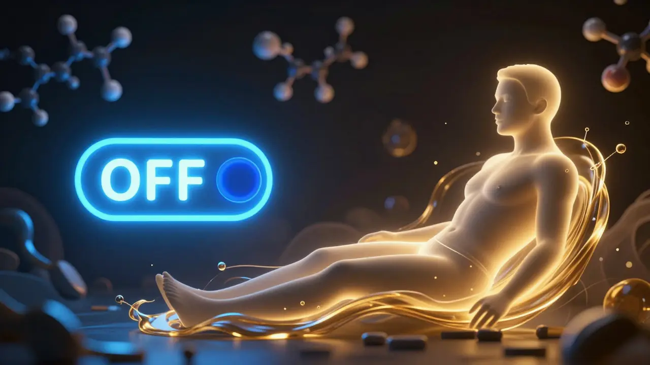 Konceptuální znázornění rozdílu mezi melatoninem jako vypínačem a CBN jako relaxací.