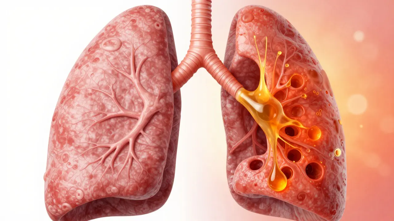 Konceptuální znázornění vlivu olejových kapek na plicní alveoly a zánět.
