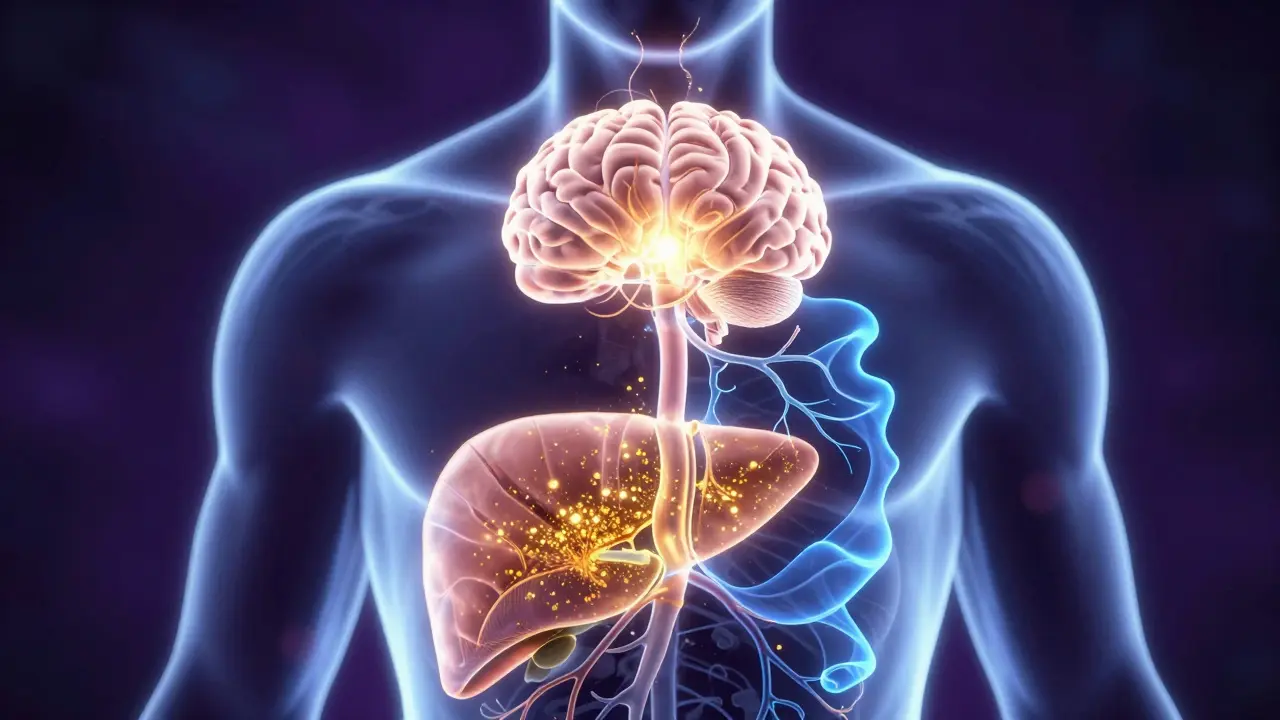 Konceptuální zobrazení synergie alkoholu a THC v lidském těle a mozku.