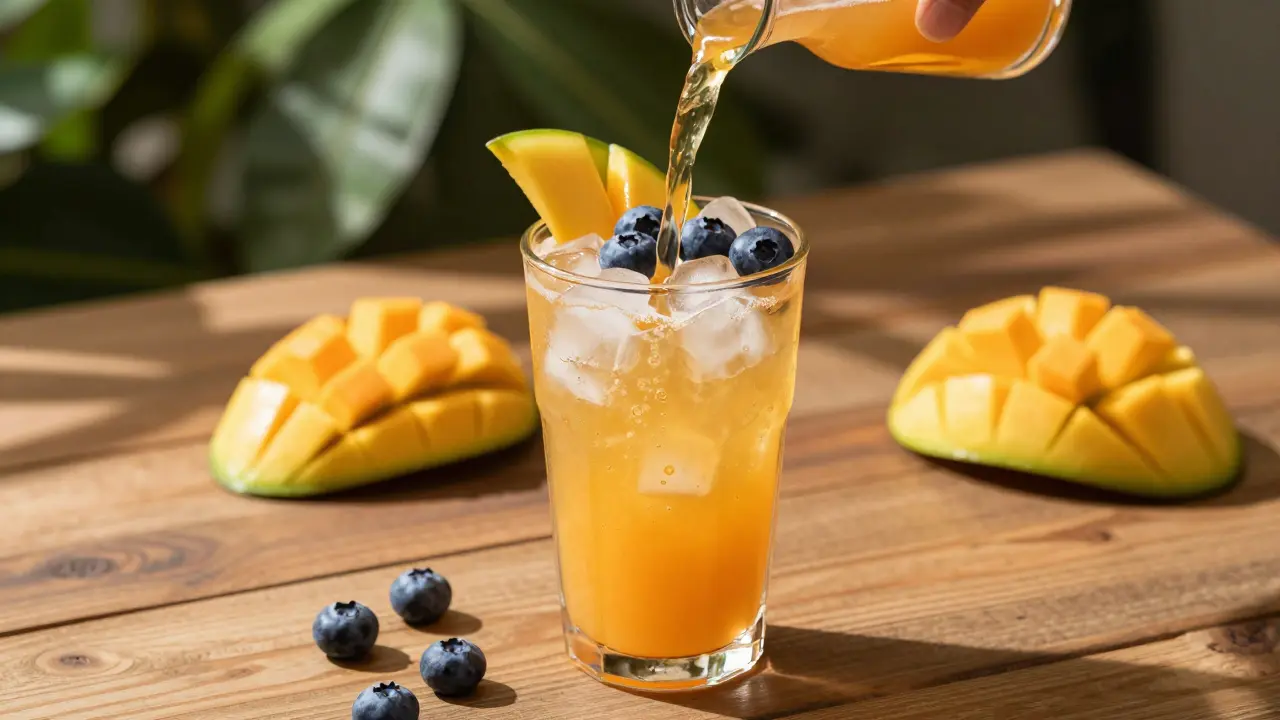 Konopný drink v poháru s ledem, plátky manga a borůvkami v přirozeném denním světle.