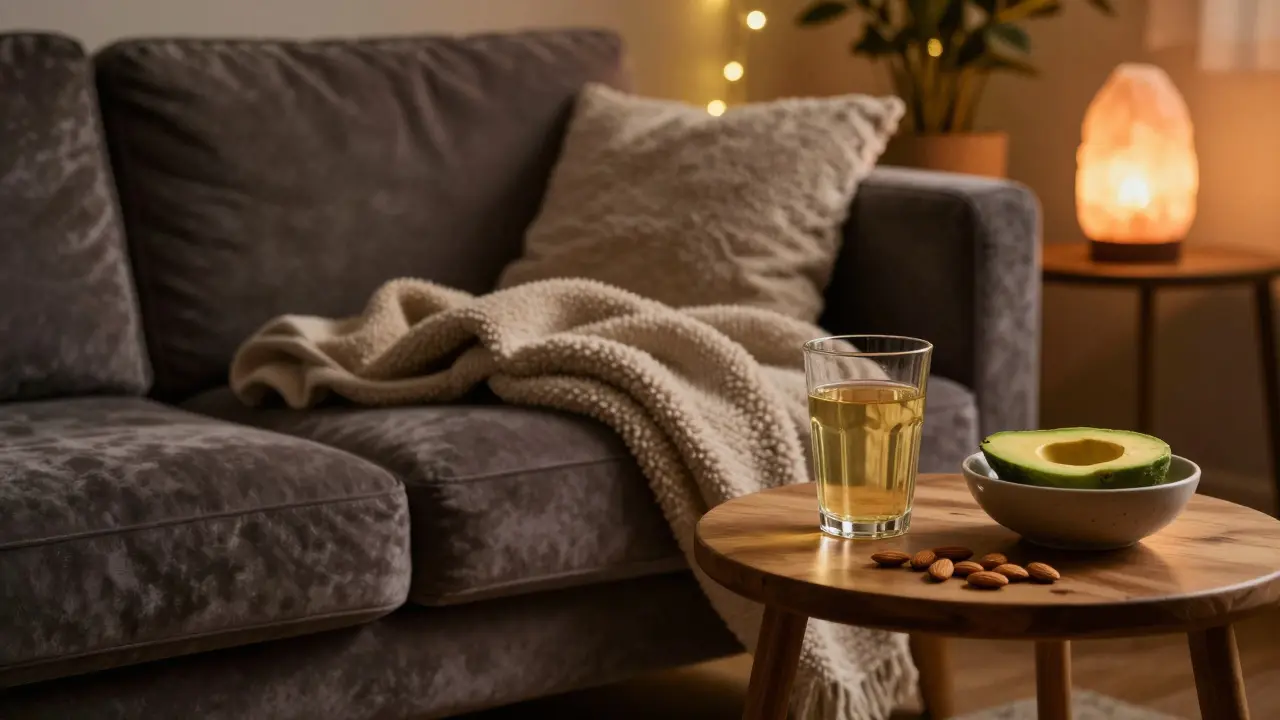 Kout pro relaxaci s konopným drinkem, ořechy a avokádem v útulném prostředí.