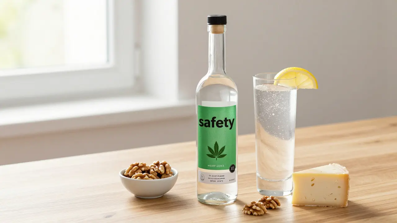 Láhev konopné vodky s vodou a zdravým občerstvením na dřevěném stole.