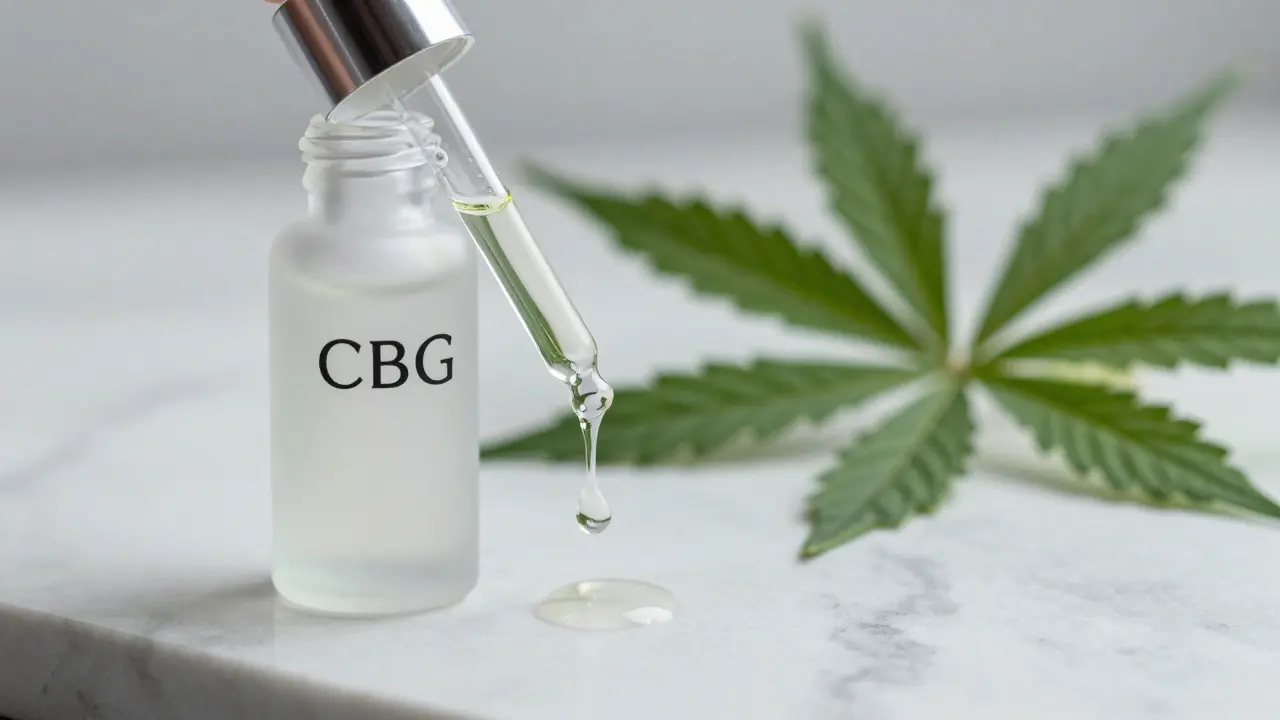 Luxusní sérum s CBG v skleněné lahvičce na mramorovém povrchu s konopným listem.