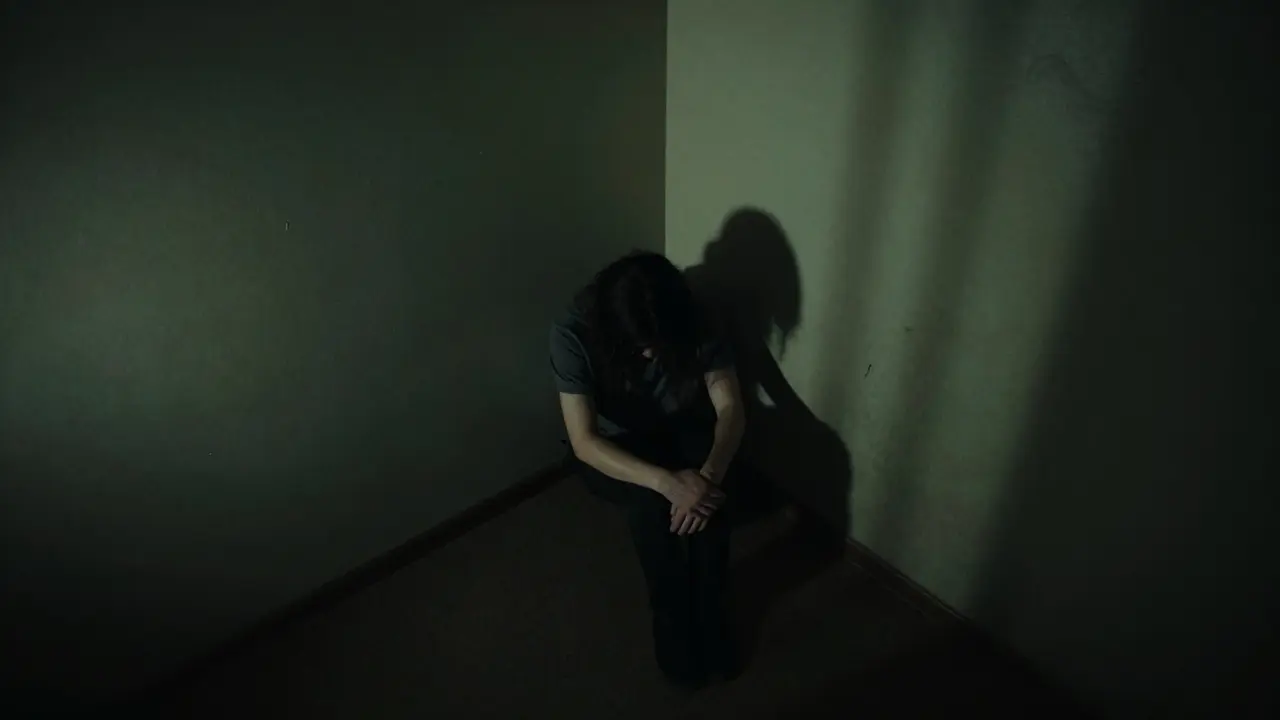 Osamělá osoba v temné místnosti s dlouhými stíny vyvolávající pocit paranoia.