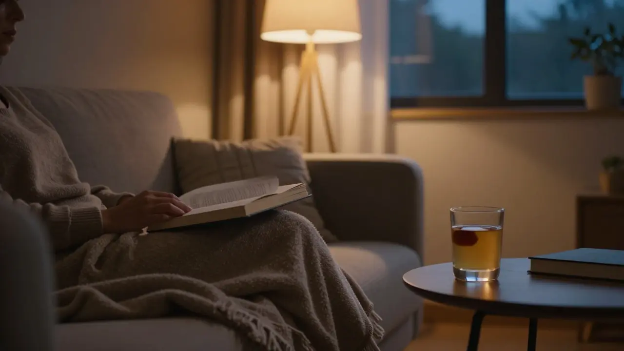 Osoba relaxující na pohovce s knihou a sklenicí CBD nápoje v útulnémz prostředí.