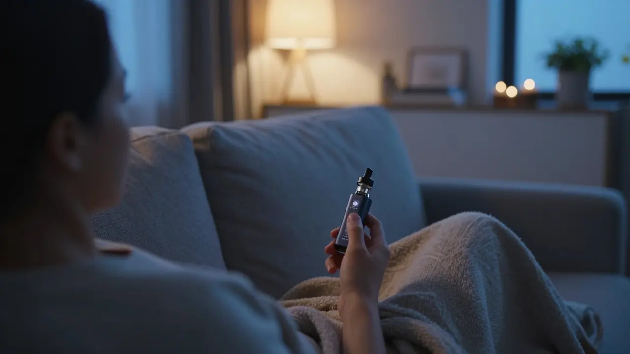 Osoba relaxující na pohovu s CBD vaperem během večerního rituálu před spánkem.