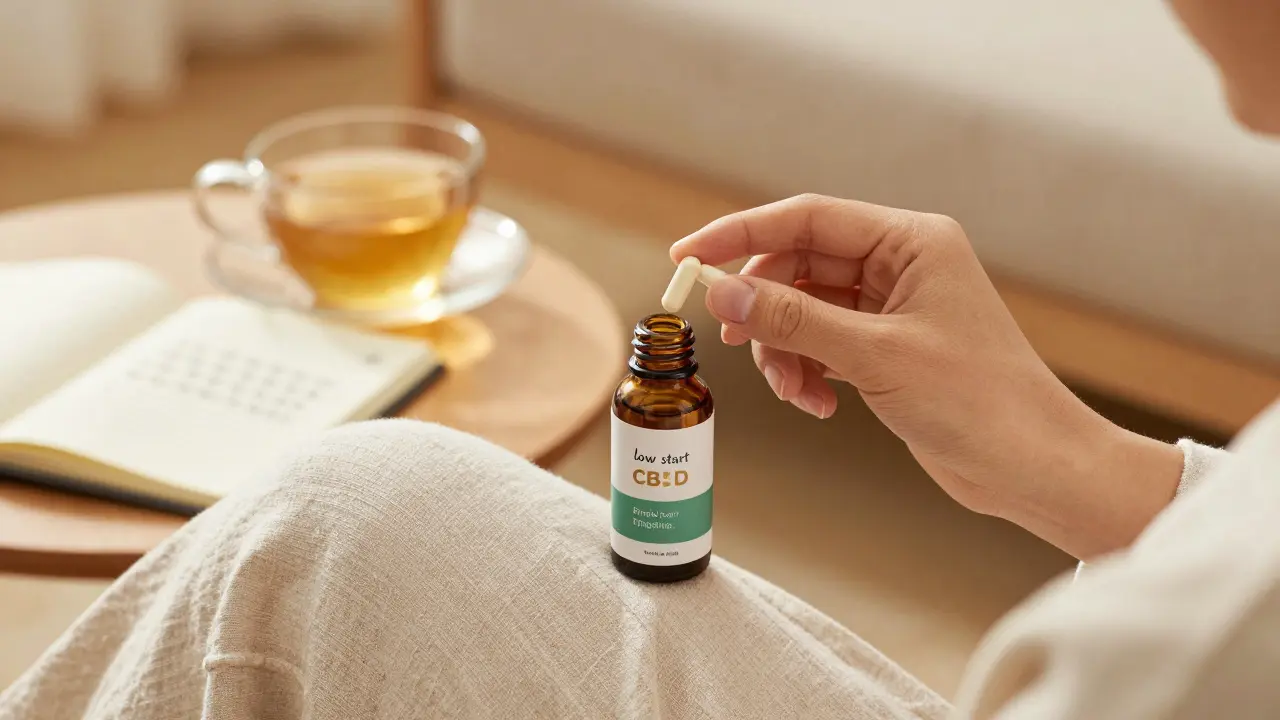 Ruka držící CBD olej a kapsli v útulném domácím prostředí.