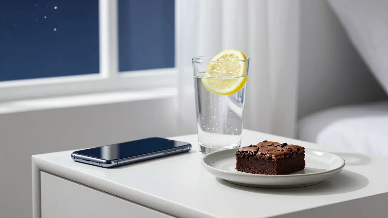 Sklenice vody a konopný brownie na nočním stolku vedle vypnutého telefonu.