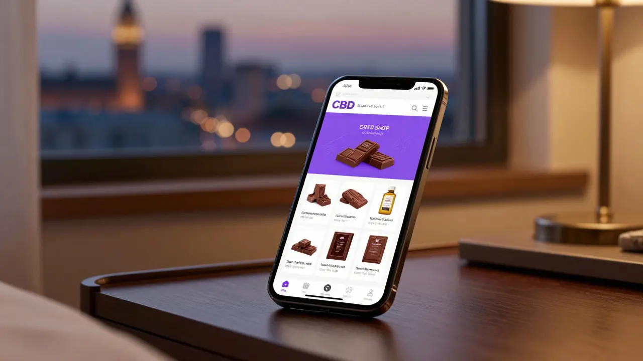 Smartphone s e-shopem CBD čokolád na hotelovém stole.