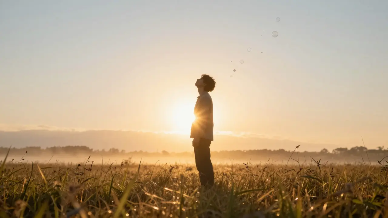 Snímek člověka v ranním slunci symbolizující pocit úlevy a vnitřní rovnováhy.