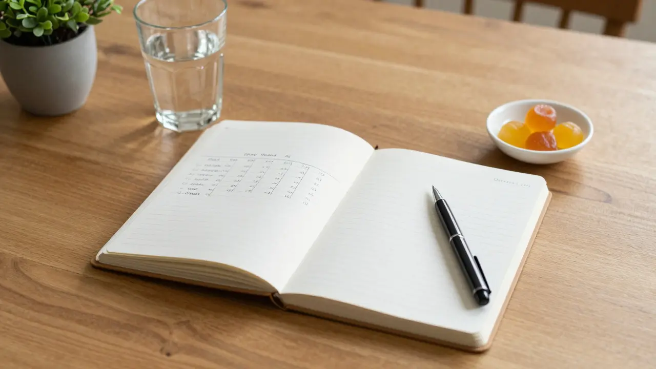 Wellness deník, sklenice vody a CBD žvýkačky na dřevěném stole.