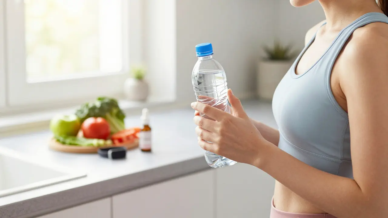 Zdravý ranní režim s konopnými kapkami, vodou a čerstvou zeleninou v moderním interiéru.