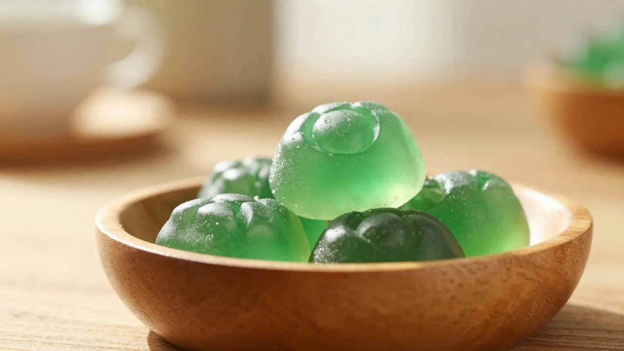 Zelené CBD žvýkačky v dřevěné misce v teplém, přirozeném světle.