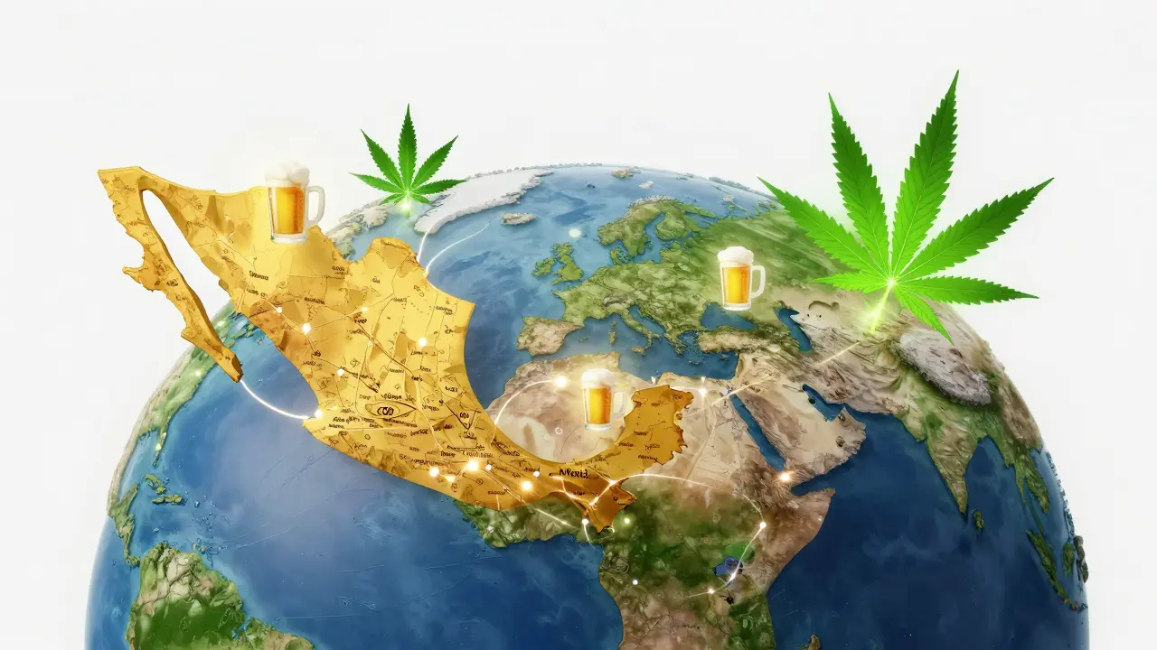Abstraktní mapa Mexika propojující trh s pivem a konopím