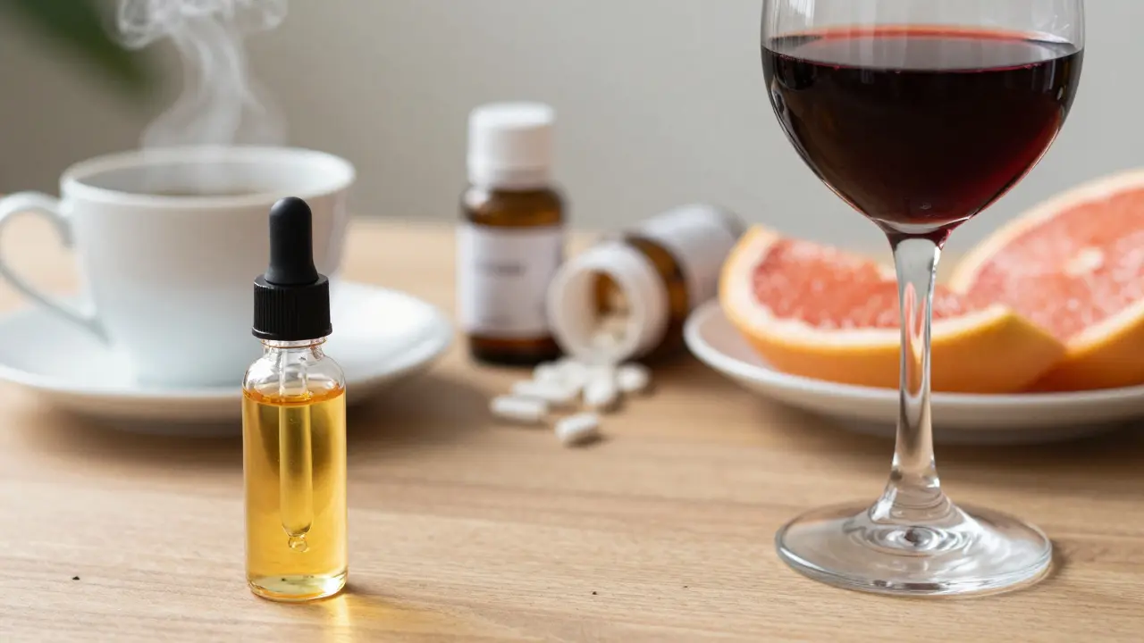 CBD olej vedle kávy, vína a grapefrutu na dřevěném stole