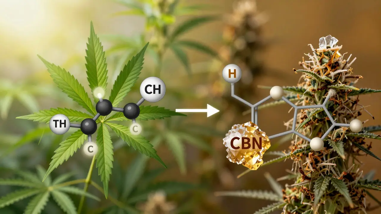 Ilustrace chemické přeměny THC na vzácný kanabinoid CBN oxidací.