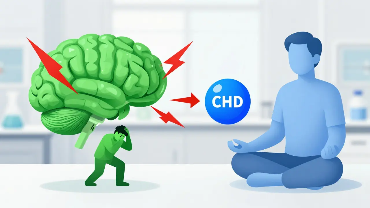Konceptuální ilustrace porovnávající úzkost od THC s relaxací od H4CBD pomocí molekul.