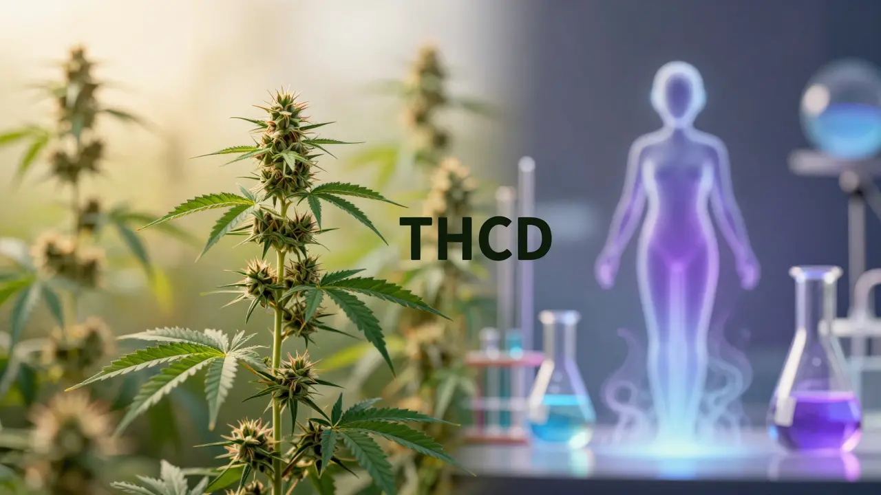 Konceptuální umění porovnávající přírodní THCA a syntetické H4CBD