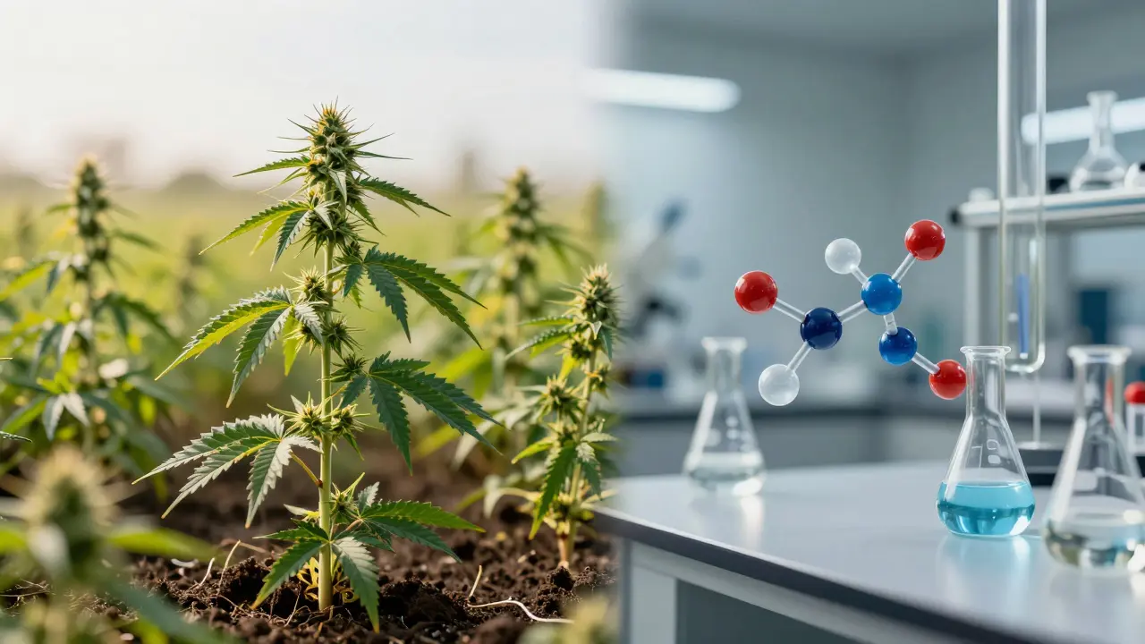 Kontrast mezi pěstováním konopí v přírodě a syntézou v laboratoři