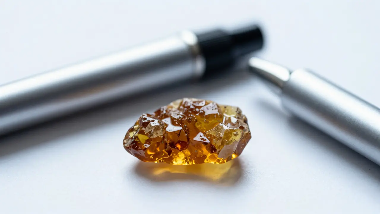 Kousek CBD shatteru na bílém podkladu vedle vaporizéru