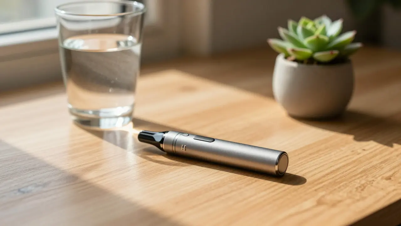Moderní HHC vape pera na dřevěném stole s pohárkem vody v teplém světle