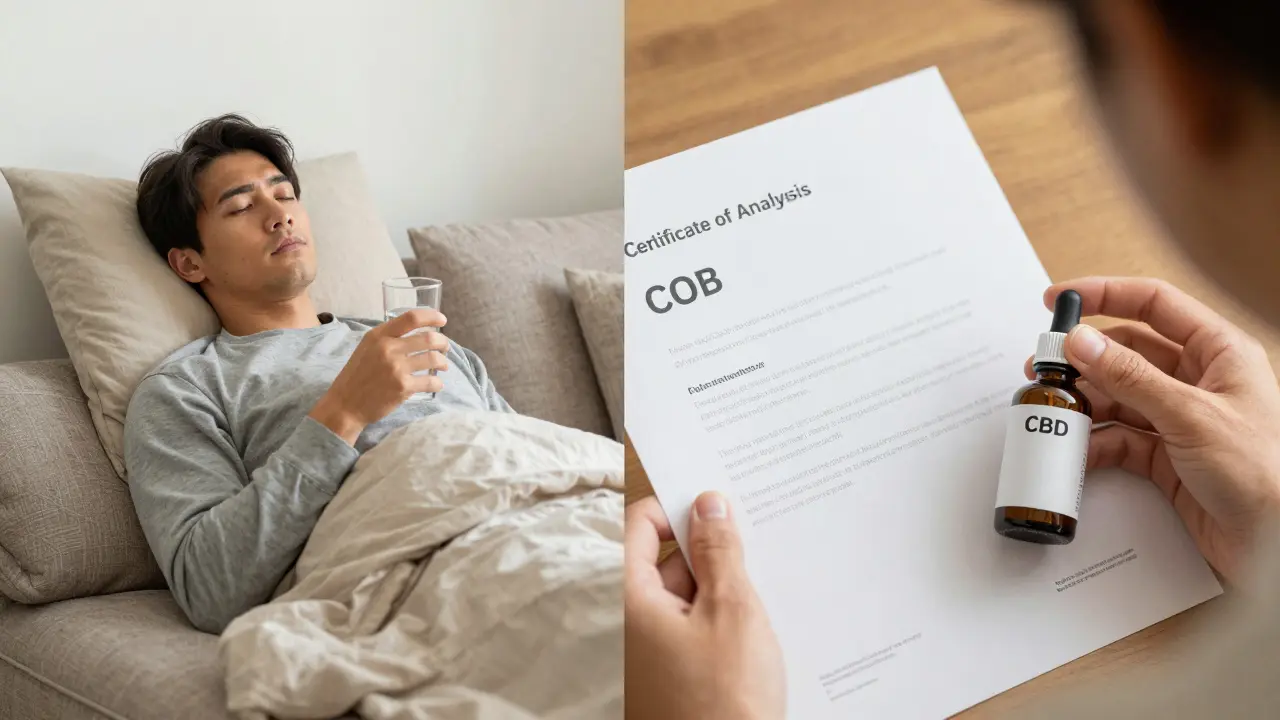 Relaxovaná osoba s vodou a kontrola certifikátu kvality CBD