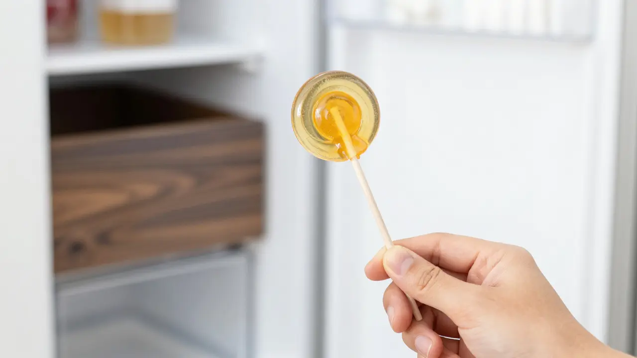 Ruka držící lesklý konopný lollipop s náznaky správného skladování.