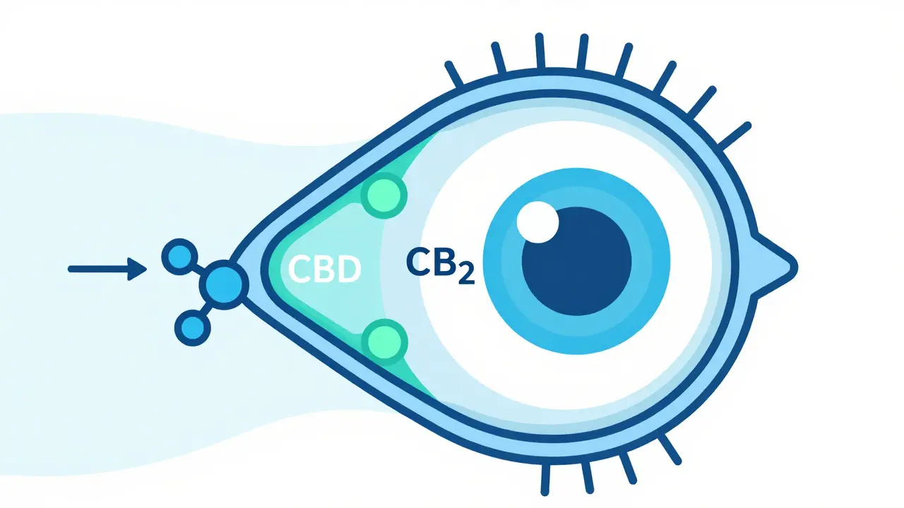 Schéma interakce CBD s receptory v oku a tlaku tekutiny