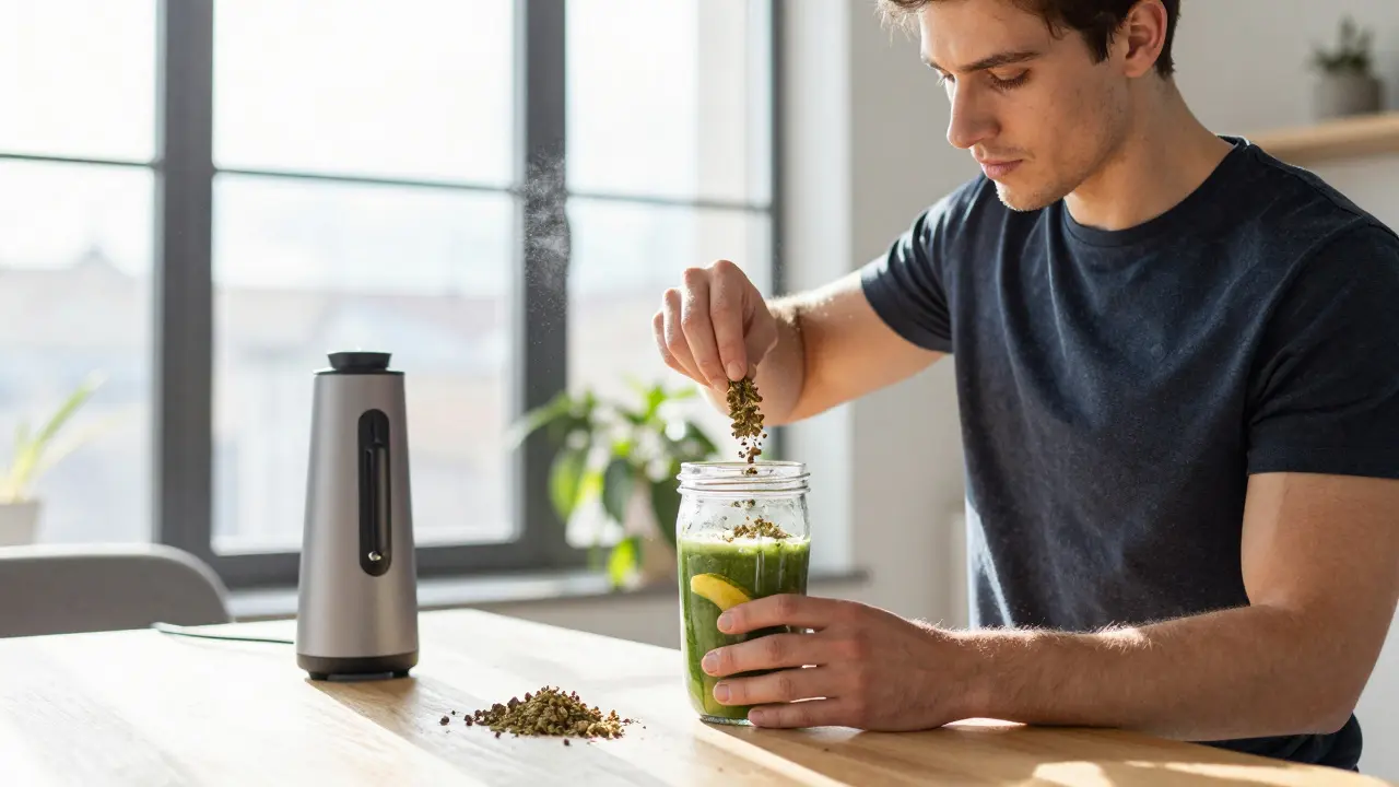 Sportovec připravuje zeleninový smoothie s květy konopí pro regeneraci