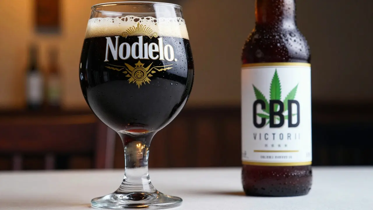 Tmavé mexické pivo vedle láhve s CBD extraktem na stole