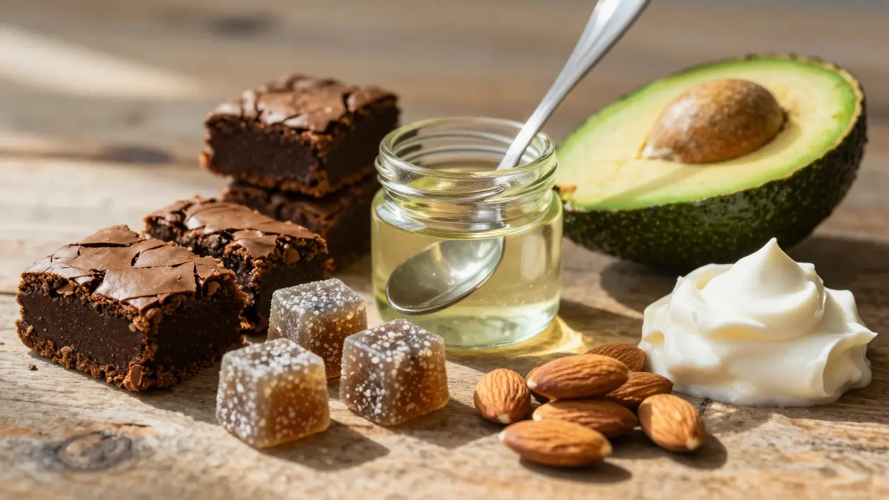 Zdravé tuky jako avokádo a kokosový olej vedle konopných edibles