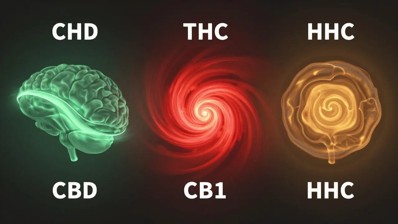 Abstraktní srovnání účinků CBD, THC a HHC na mozek