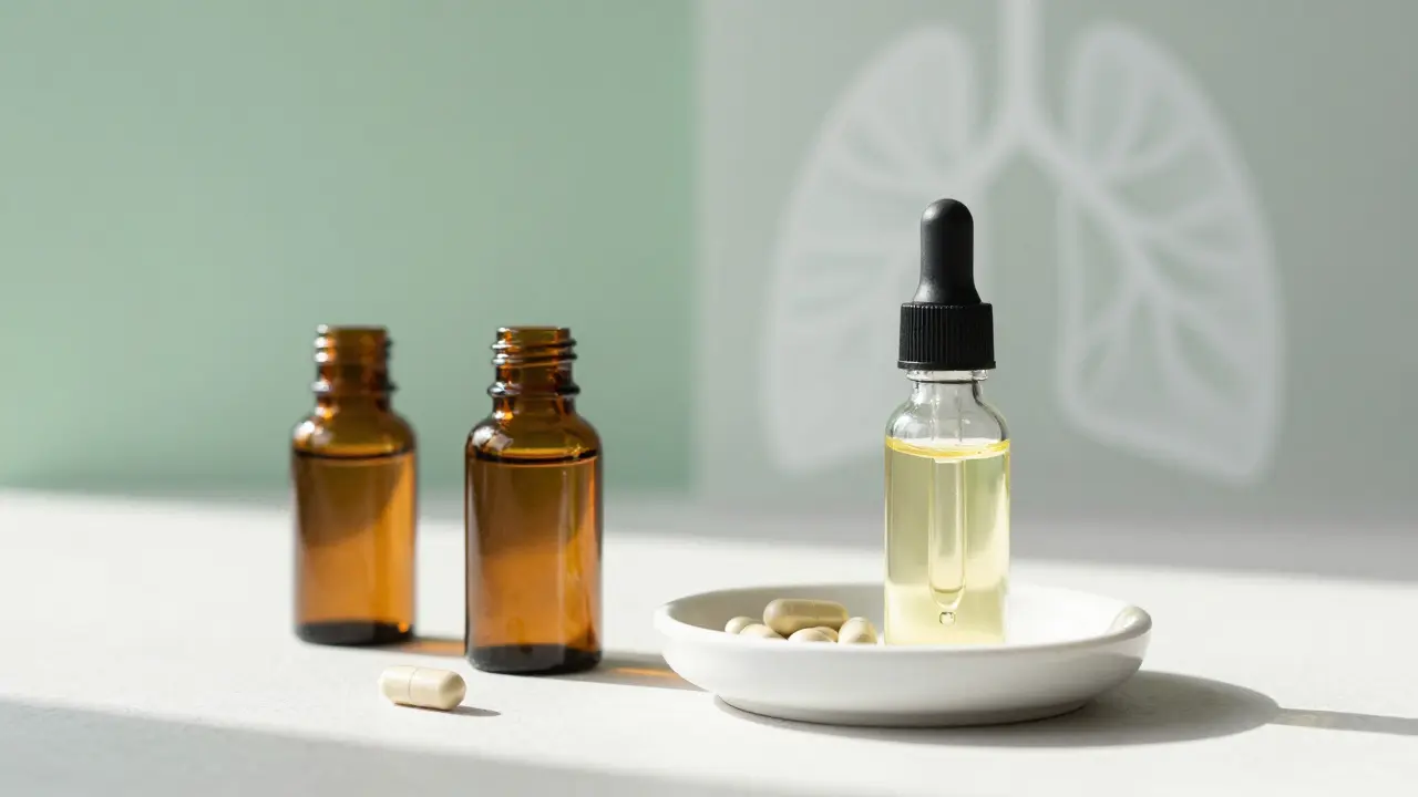 Bezpečné alternativy CBD: kapsle a olej na orální použití na stole.