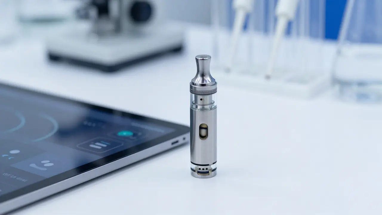 CBD kartuš v laboratorním prostředí symbolizující testování kvality