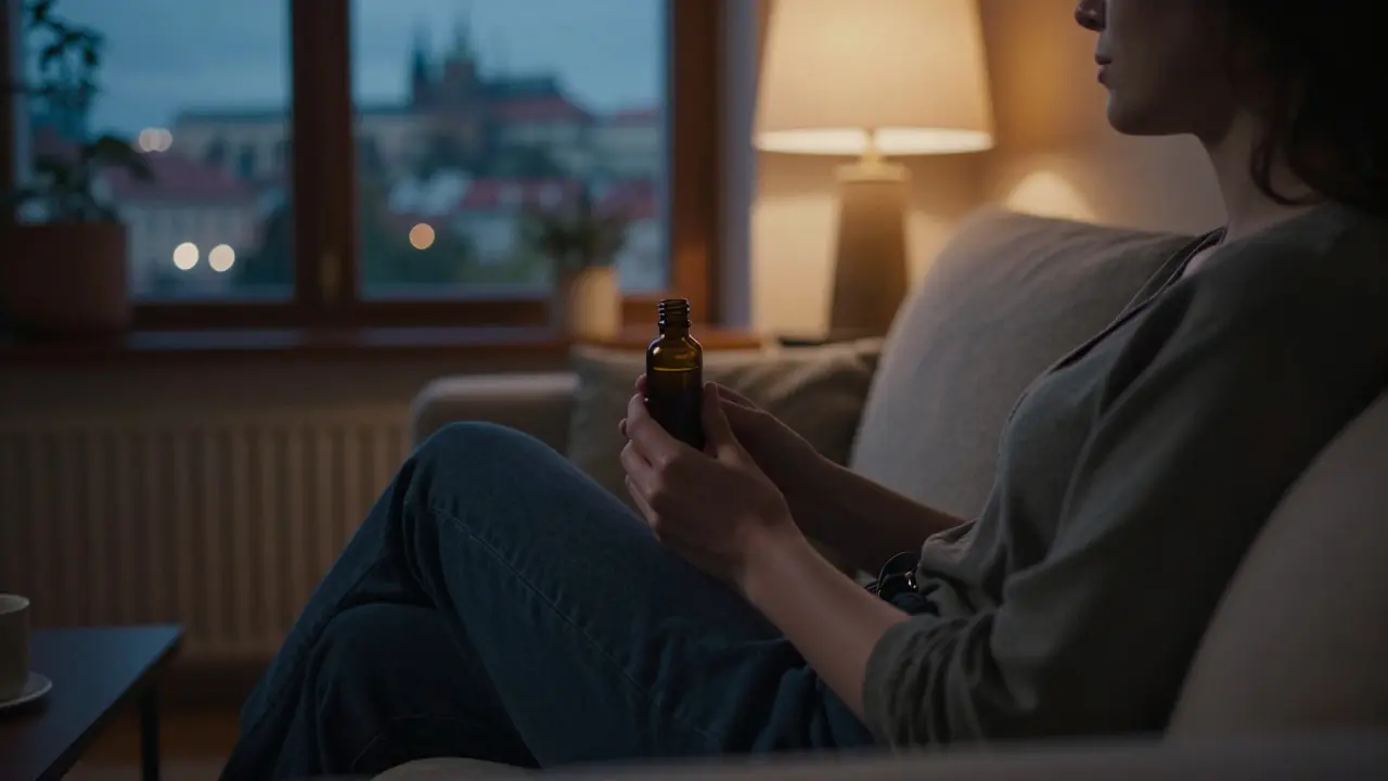 Člověk relaxující s olejem z konopí v útulném interiéru
