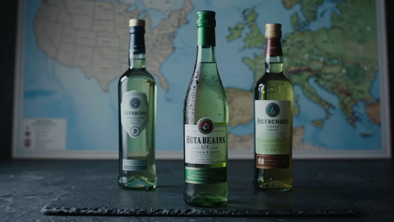 Elegantní lahve legálního absintu na tmavém povrchu s dramatickým osvětlením.
