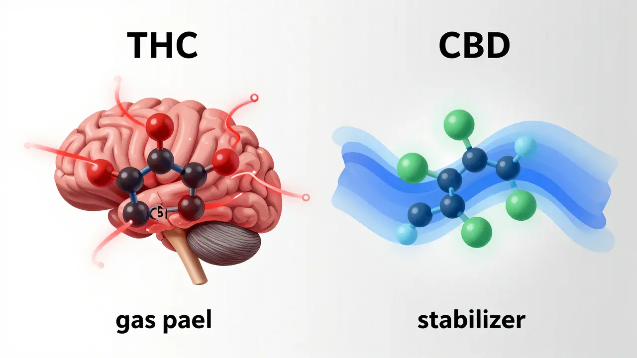 Ilustrace srovnávající účinky THC a CBD na mozkové receptory.